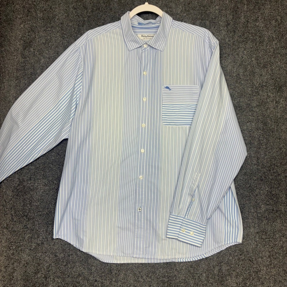 Tommy Bahama The Siesta Key‎ Shirt Mens Large Blue White Striped Long Sleeve L